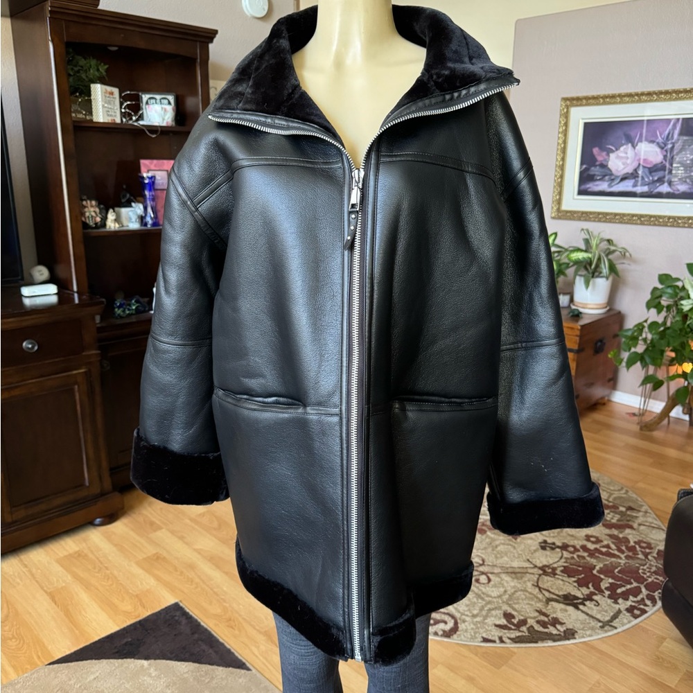 Rebecca Minkoff black faux leather coat with fur lining-size L